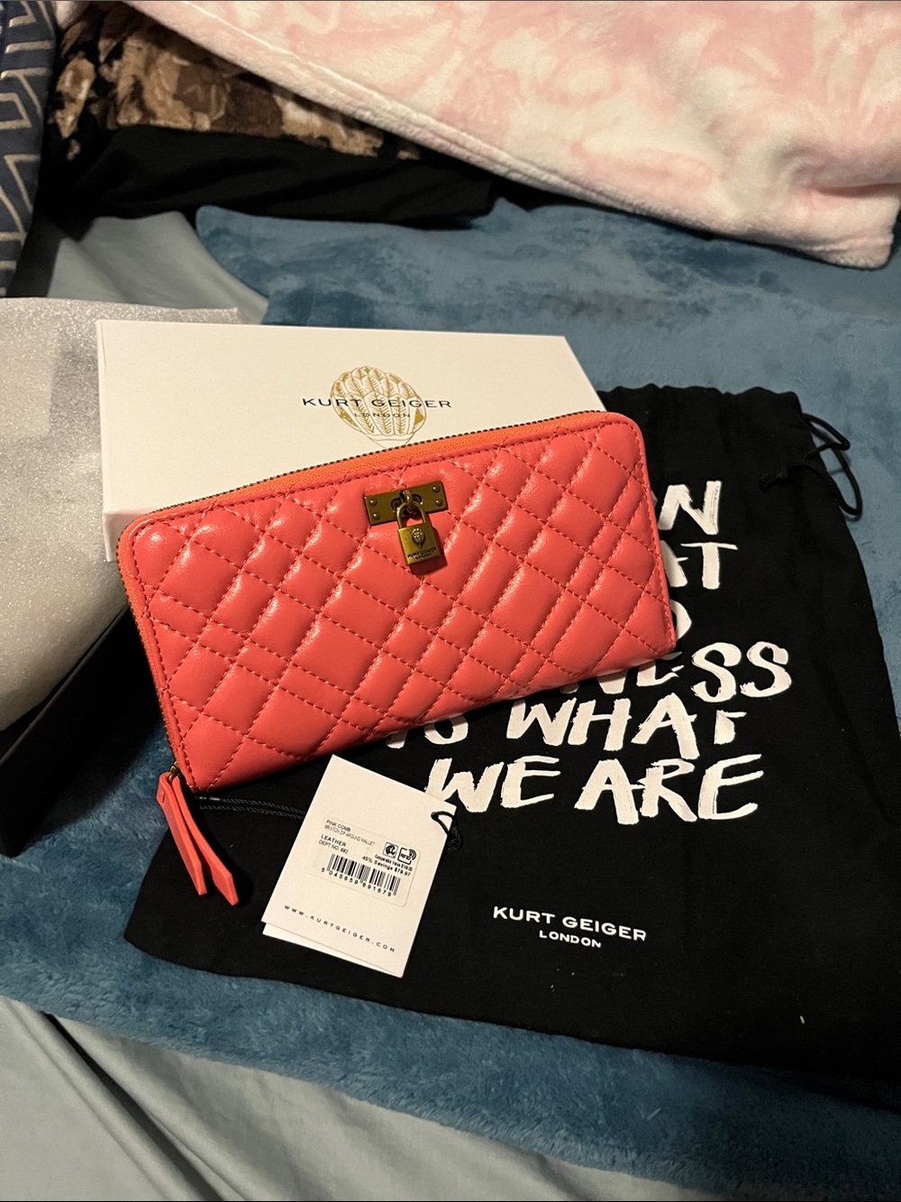 Kurt Geiger Coral Quilted Zip Wallet with Gold Lock